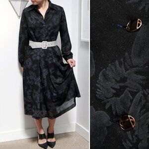 80s Black & Grey Floral Polka Dot Satin Dress w/ Long Sleeves, Stretch Waist